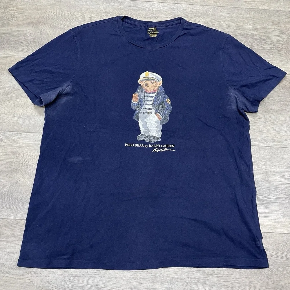 Polo Ralph Lauren Captain Navy Bear T Shirt Men Sz XL FAIR READ